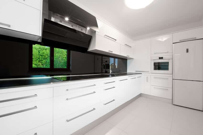 White modern kitchen cabinetry with black walls
