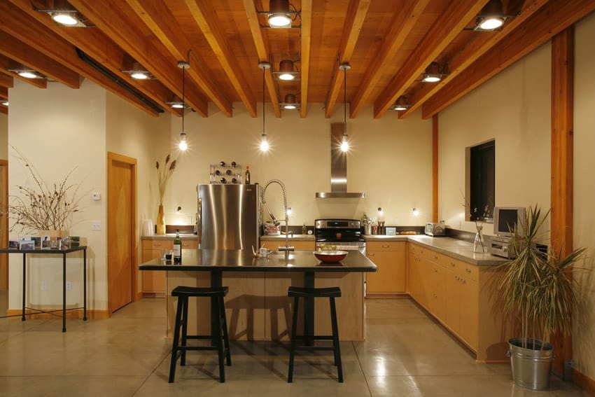 Wood beamed open kitchen