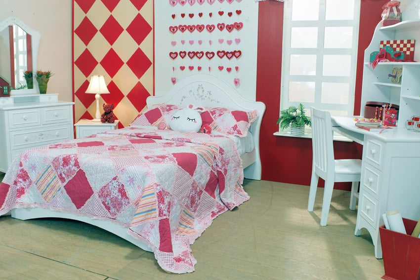 Bright cute girls room with pink red and white theme