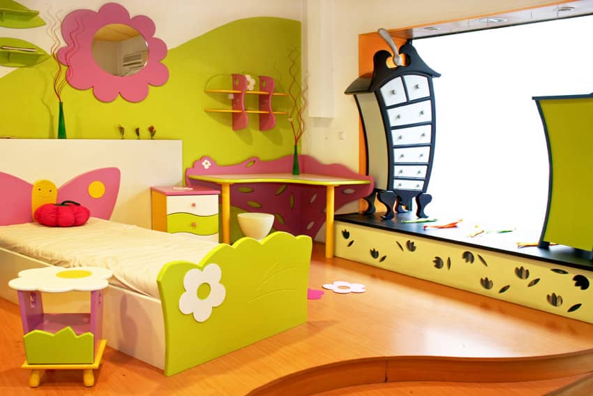Colorful green bedroom with cartoon look decor