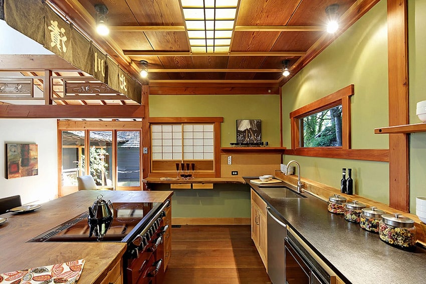 Craftsmans style asian themed kitchen with wood counter and flooring
