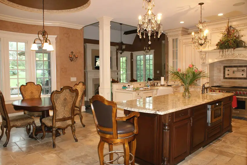 Custom kitchen with two crystal chandeliers