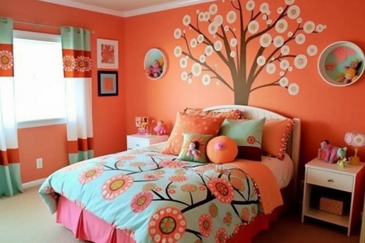 Wall mural of a tree with orange walls and colorful bedding