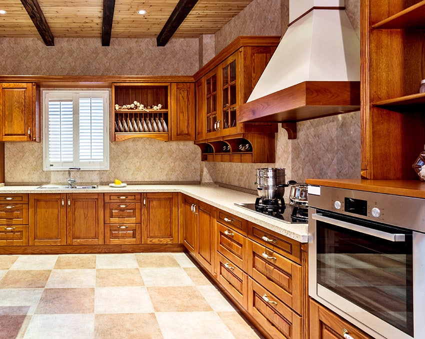 L shape kitchen design with exposed beam ceiling