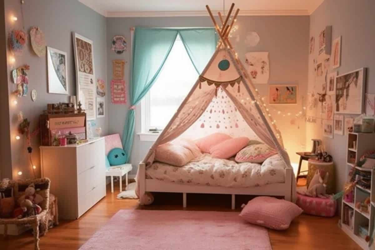 Lovely bedroom with teepee bed and fairy lights