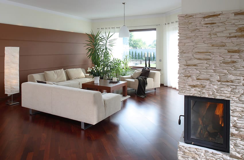 Luxury modern living room with wood flooring and fireplace