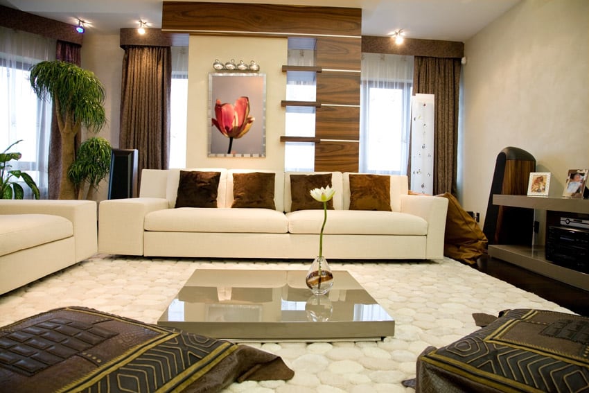 Modern living room richly furnished with Asian design