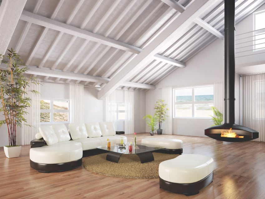 Modern living room with high vaulted ceilings
