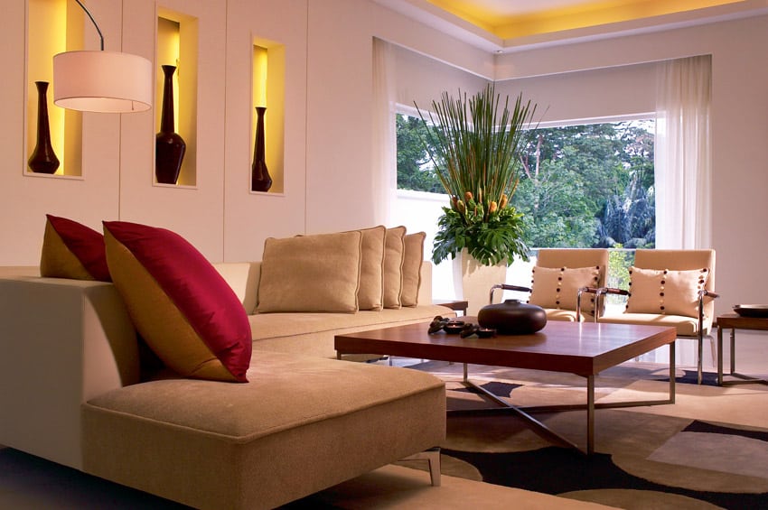 Modern living room with recessed wall alcoves
