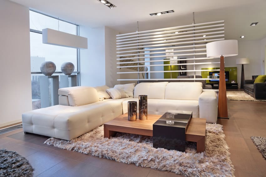 Minimalist space with shag carpet and and white wooden slat dividers