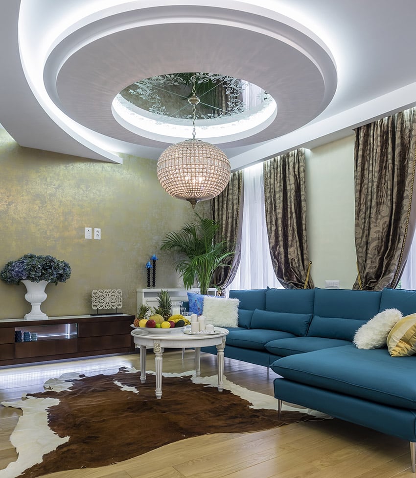 Transitional room with circular design ceiling and L shaped sofa