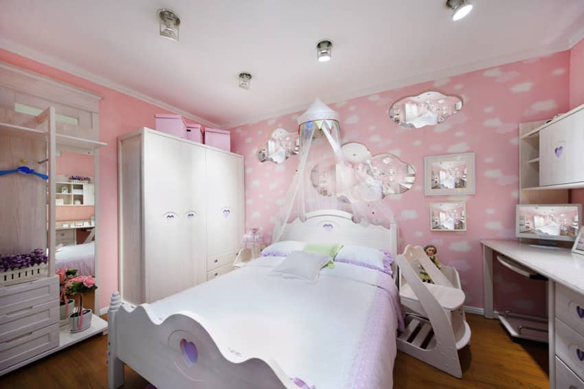 Pink and white girls bedroom design