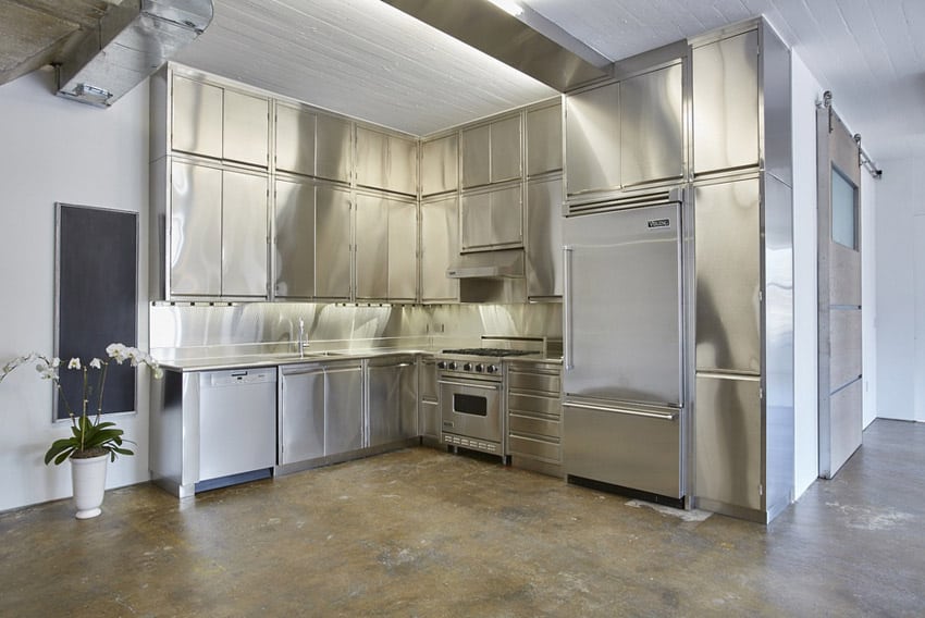 Polished metal modern kitchen in industrial style loft