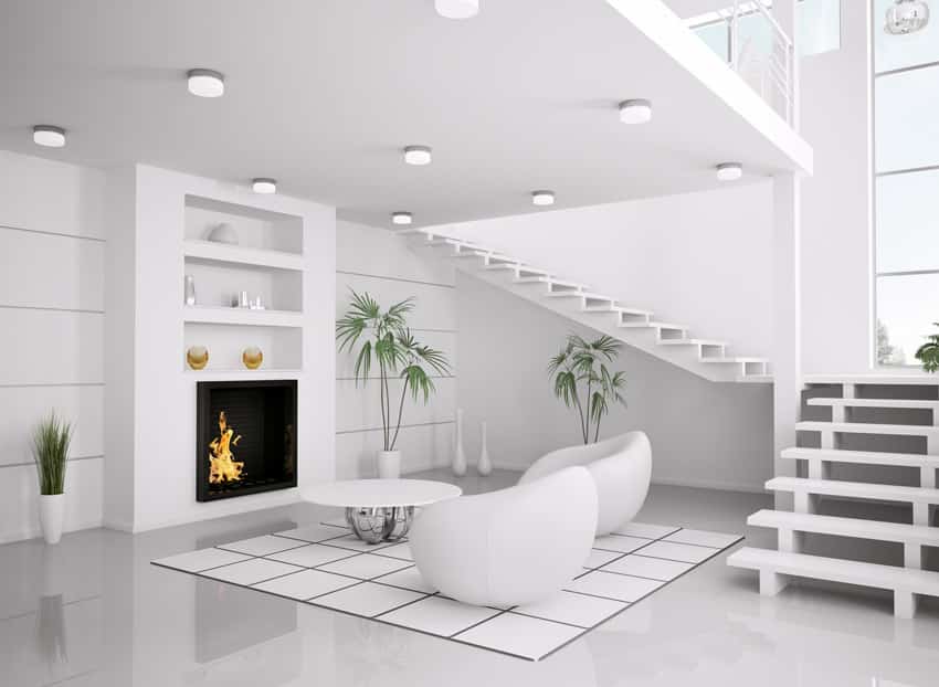 Pure white modern living room with fireplace