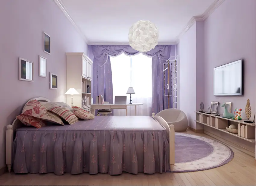 Purple color design room with curtains