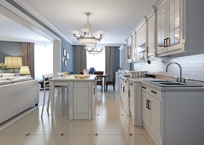 White ceramic floors with island and white brick backsplash