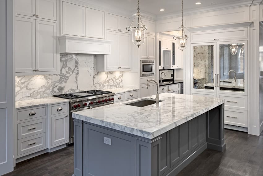 Bright white kitchen with carrara marble counters