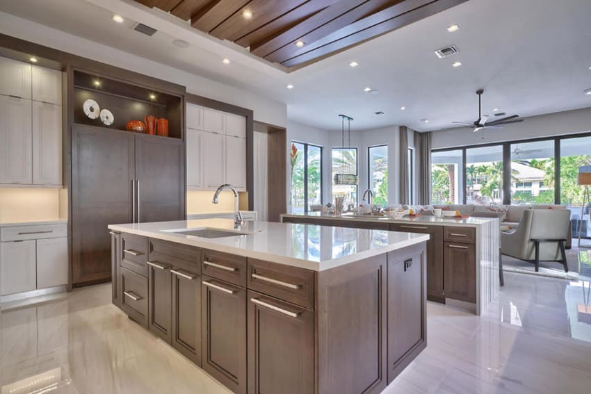 Kitchen with limestone and wooden cabinetry