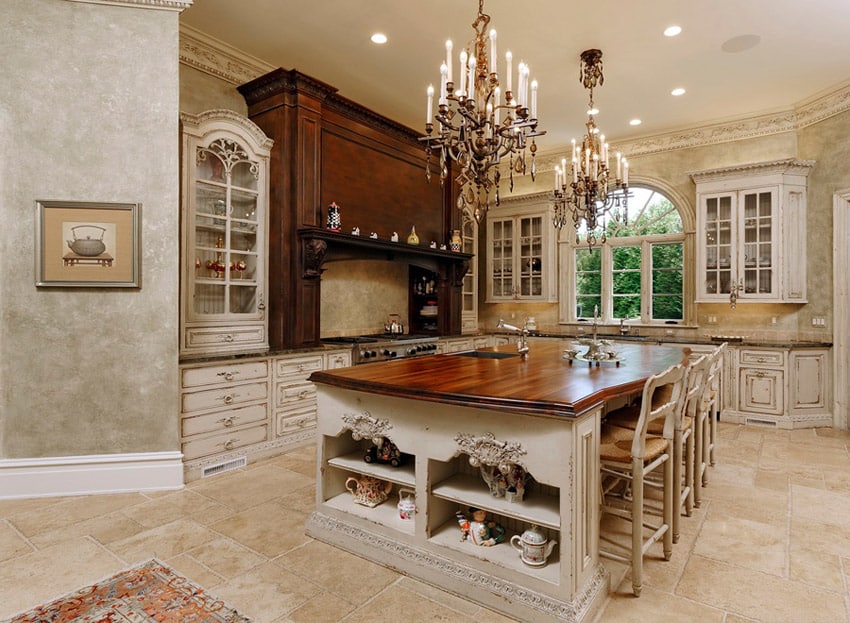 Kitchen with custom wood countertops and chandeliers