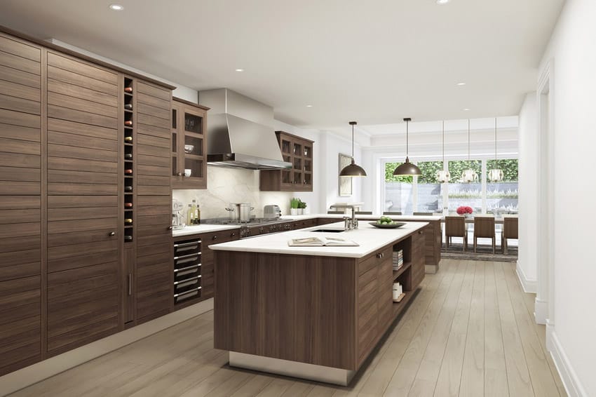 Kitchen with rich wood cabinets white quartz countertops