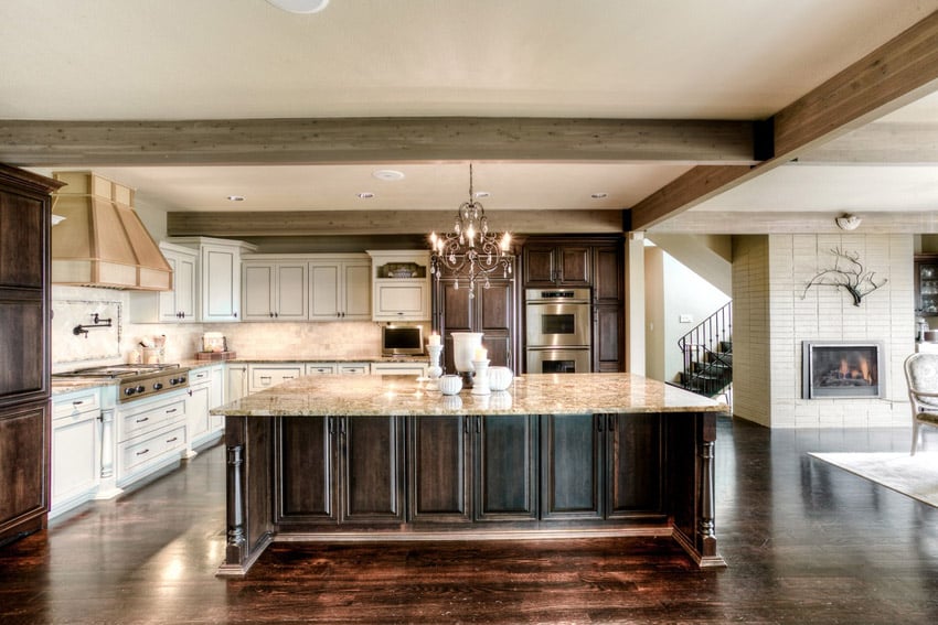 Luxury kitchen with creama cappuccino marble counter and large island