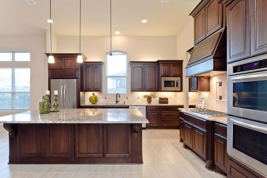 Open design kitchen with blanco taupe granite counters