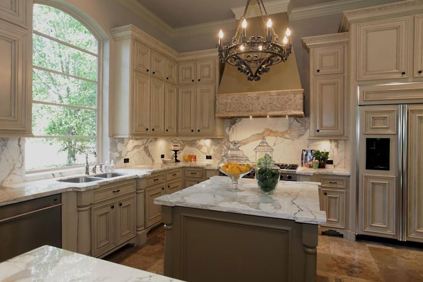 Traditional kitchen with calacatta marble counters