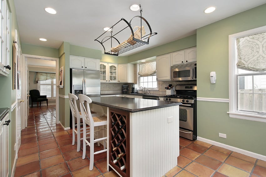 Green kitchen walls with white cabinets