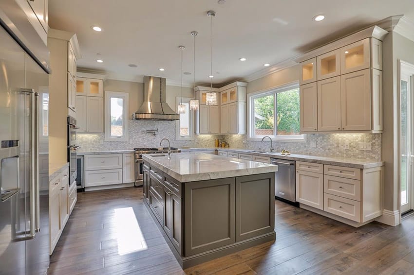 U-shaped kitchen with marble countertops