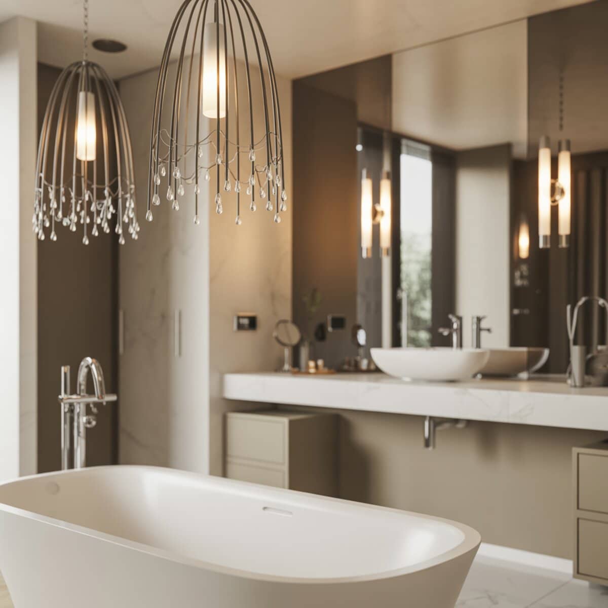 Two cage style pendants with crystal droplets above a freestanding tub and vessel sink vanity