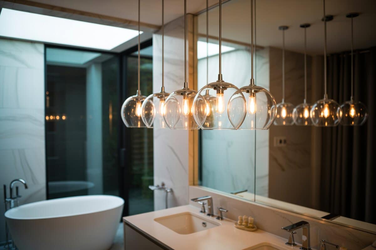 Row of clear glass globe pendant lights hanging beside a white freestanding bathtub