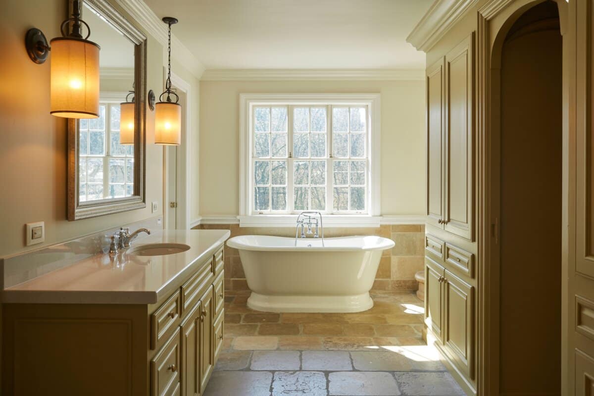 Three fabric drum pendants above a limestone floor with a white freestanding soaking tub