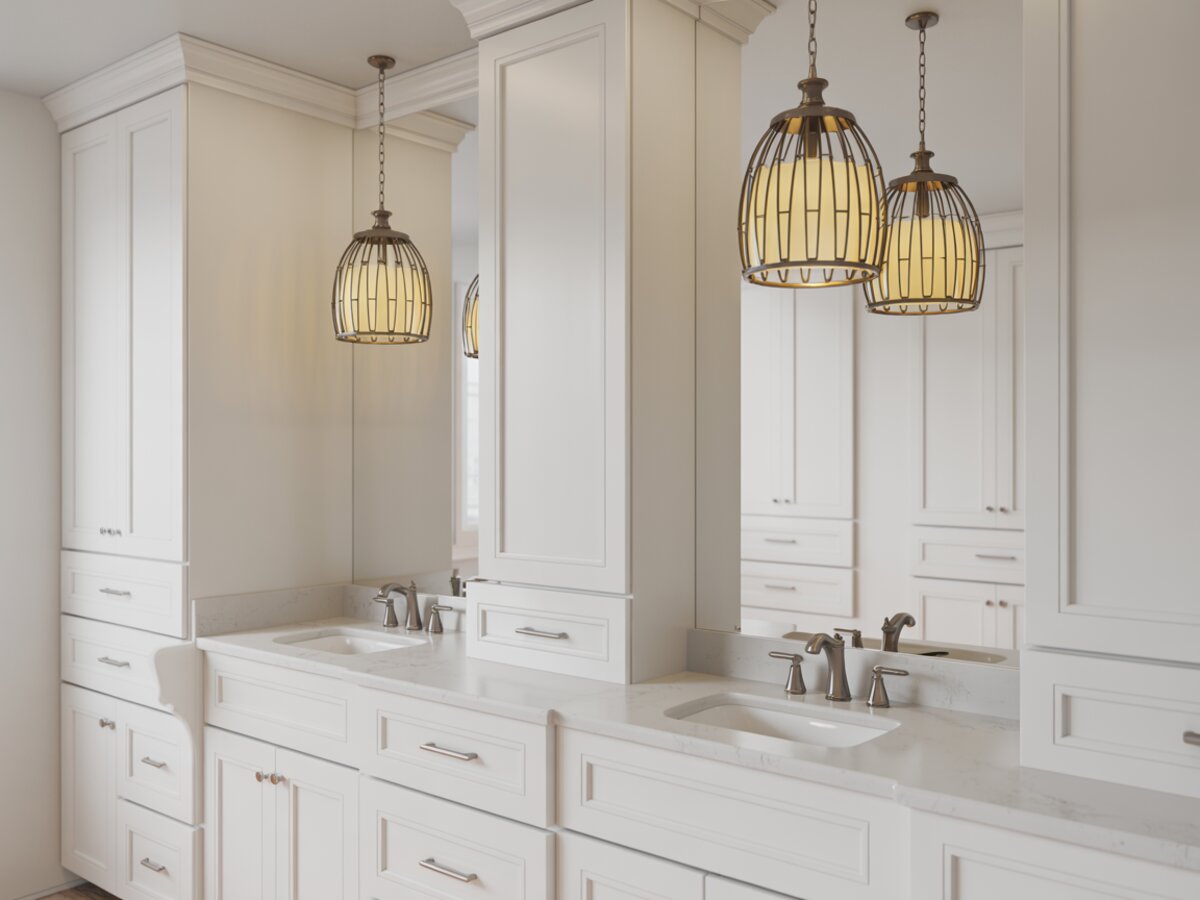 Two bronze cage pendants with amber glass over white double vanity counters