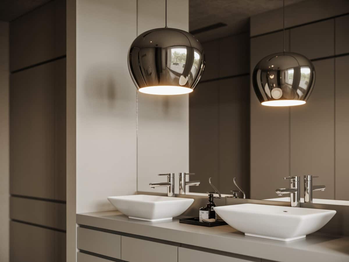 Polished chrome globe pendant glowing above twin white vessel sinks on a vanity