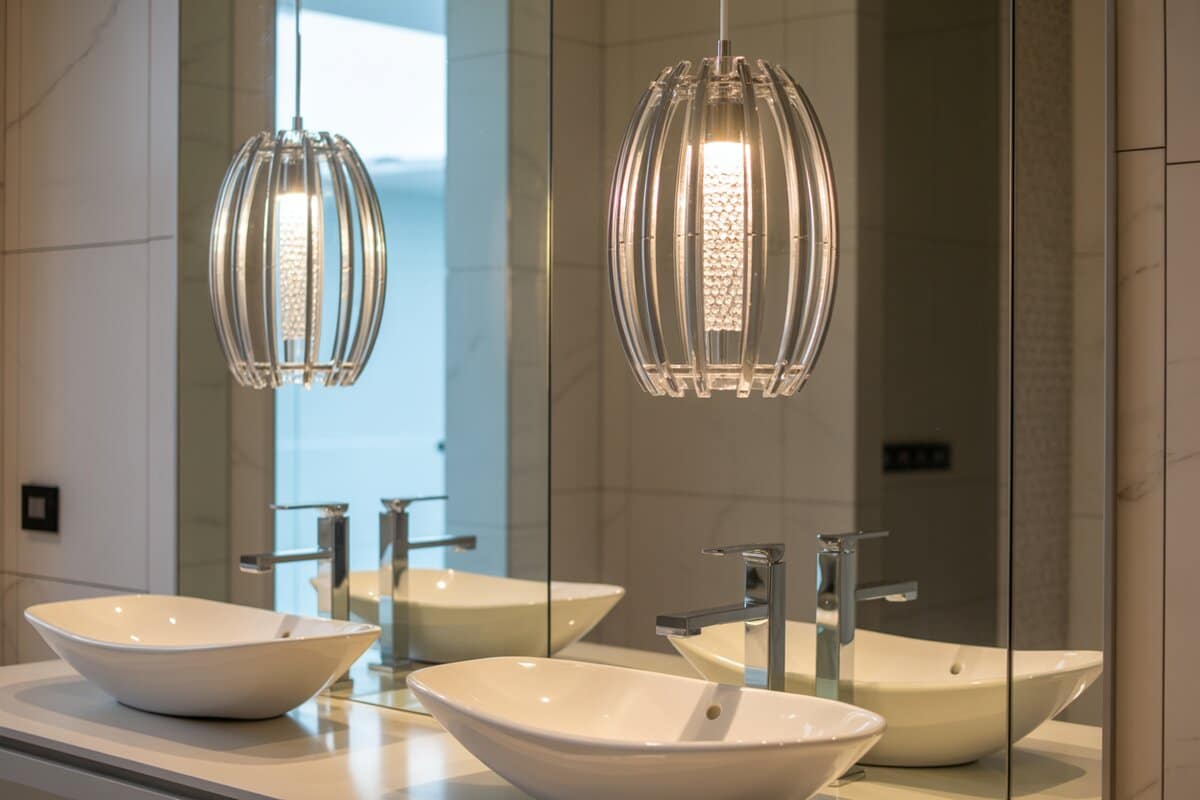 Clear ribbed pendant lights with crystal centers over white boat shaped vessel sinks