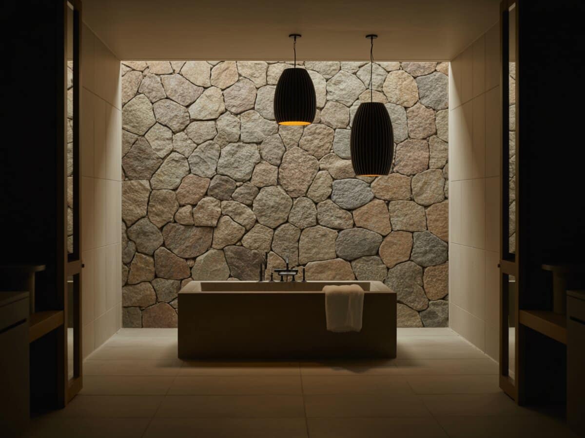 Two dark ribbed pendants glowing over a soaking tub against a stone wall