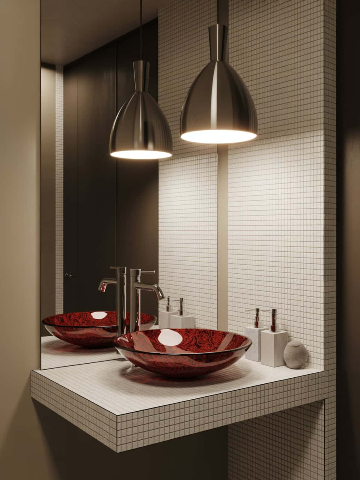 Brushed nickel cone pendants above a red glass vessel sink on mosaic tile