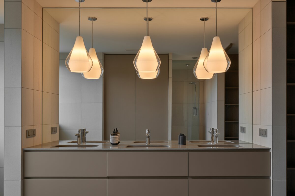 Three frosted teardrop pendants in a row above a gray double vanity