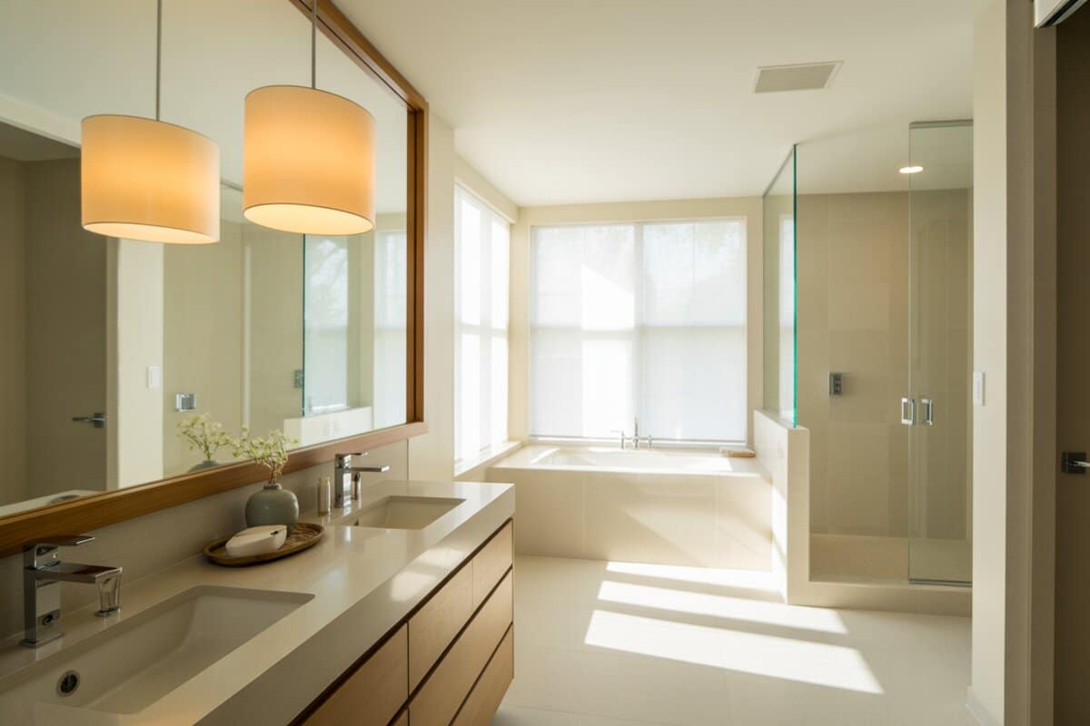 Two cream drum pendants in a bright sunlit spa style master bathroom