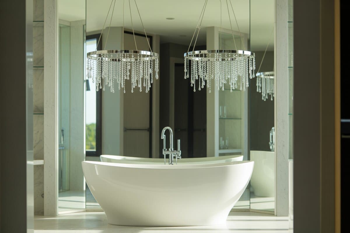 Two round chrome chandeliers with hanging glass droplets above a white freestanding tub