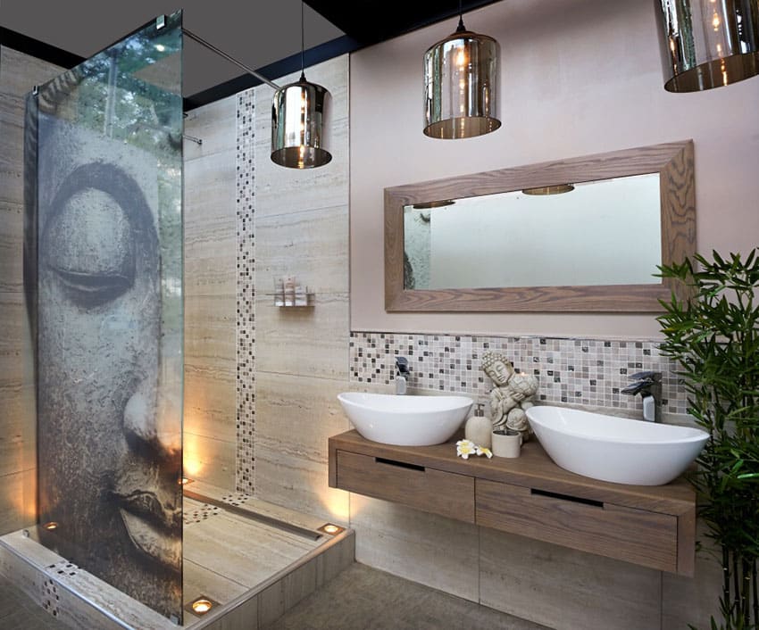 Asian bathroom with metal shiny pendants