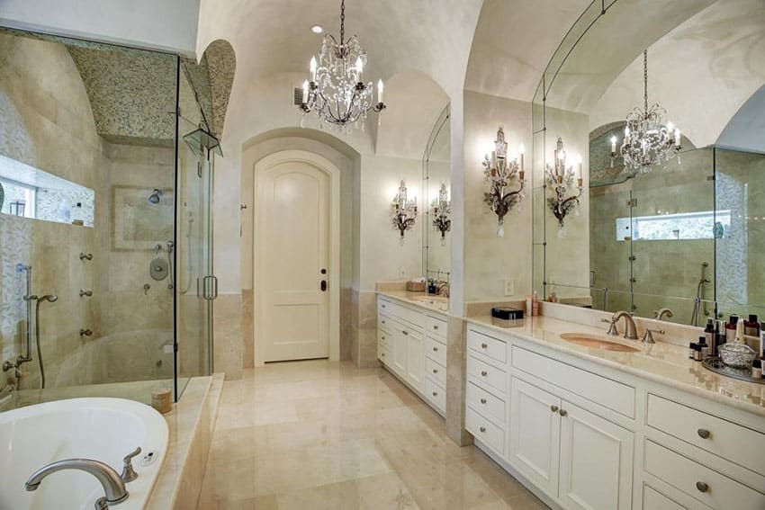 Luxury master suite bathroom with elegant crystal chandelier