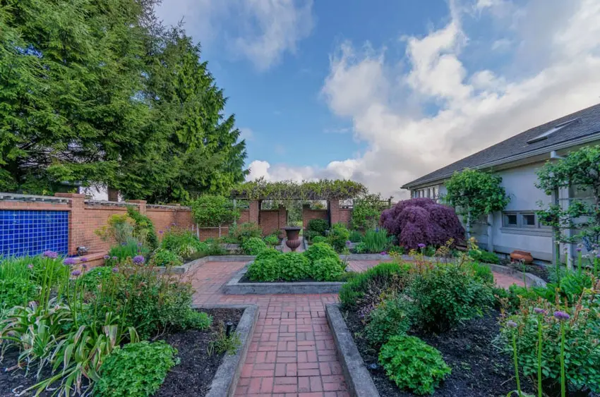 Brick pathway in garden with center planter