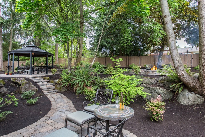 Brick walkway to firepit and gazebo