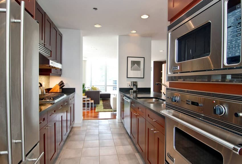 Contemporary galley kitchen with tile floors