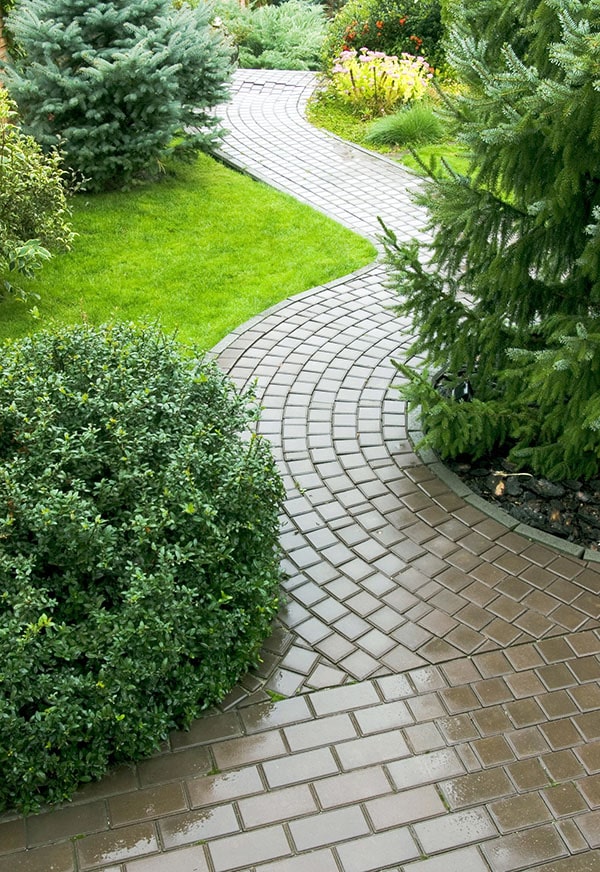 Curved brown ceramic tile pathway leading through garden