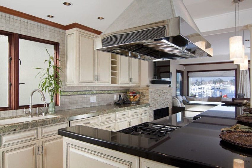 Galley kitchen with absolute black granite counter