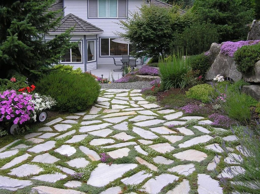 Golden quartzite slate path with flowers on both sides