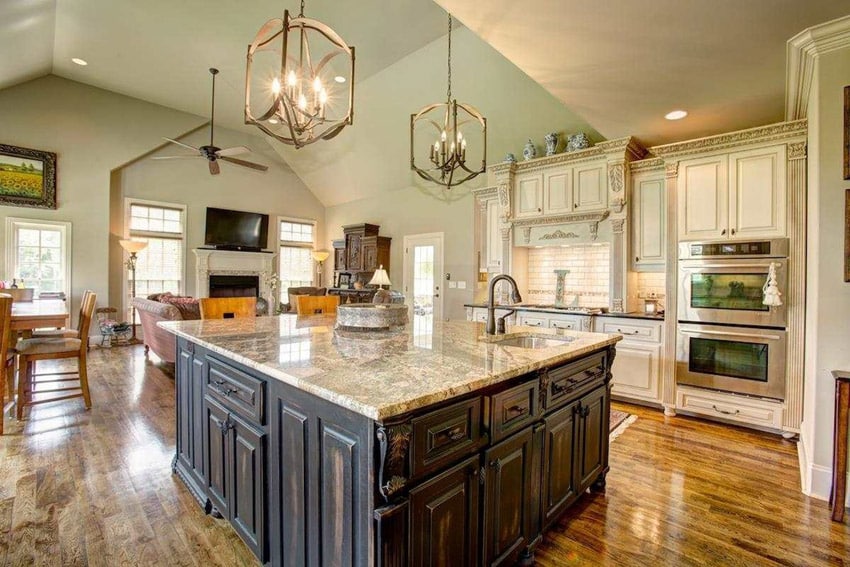 Square kitchen with antique wengue base cabinets and beige above counter cabinets