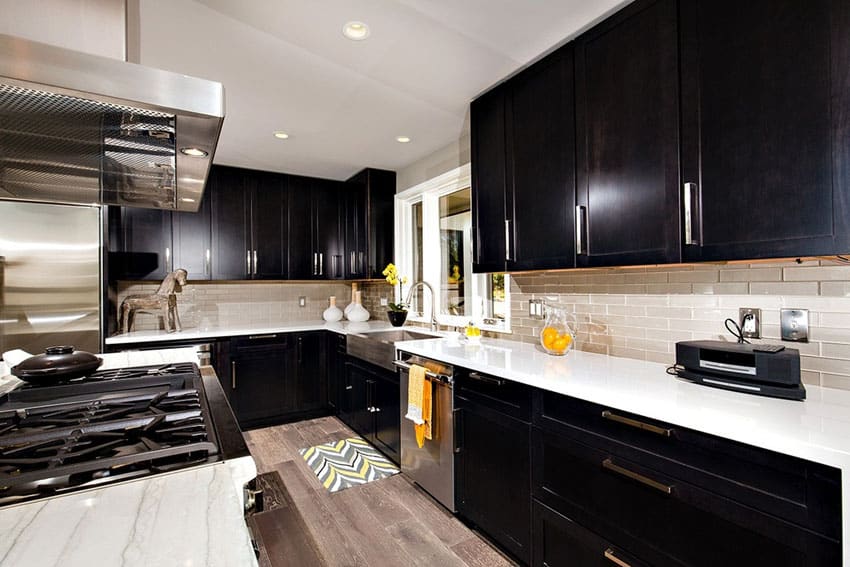 Luxury galley kitchen with dark cabinets and white counters